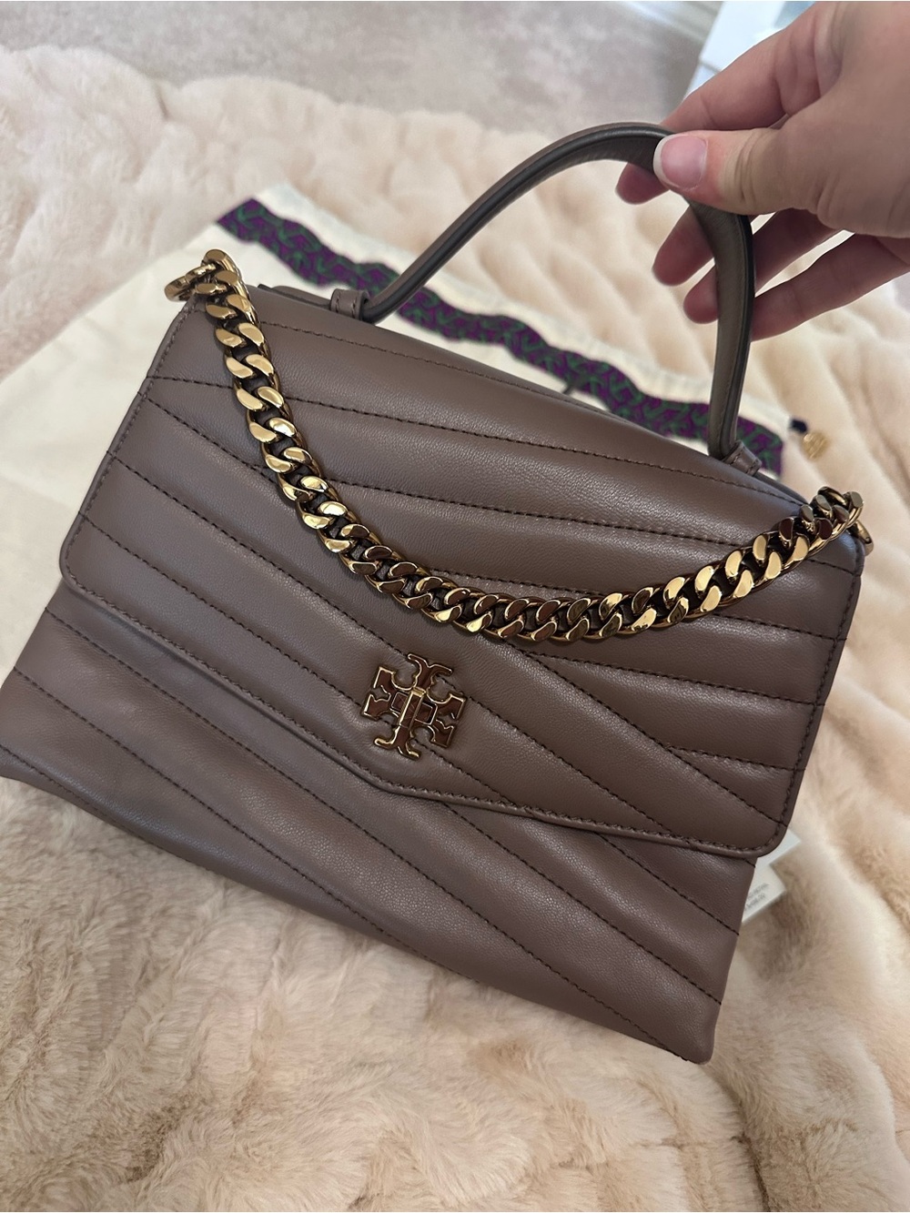 Tory Burch Kira Chevron Top-Handle Satchel in Taupe with Gold Chain